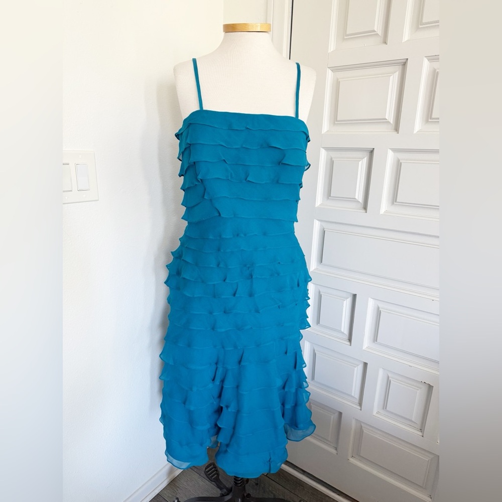 Tadashi Shoji Turquoise Blue Midi Dress Teal Ruffle Layered Cocktail Party Sz 12